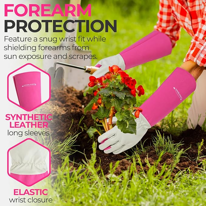 HANDLANDY Rose Pruning Gloves for Men Women, Thorn Proof Gardening Gloves | Long Leather Gardening Gloves, Breathable Leather Gauntlet, Best Garden Gifts & Tools for Gardener (Pink, L)