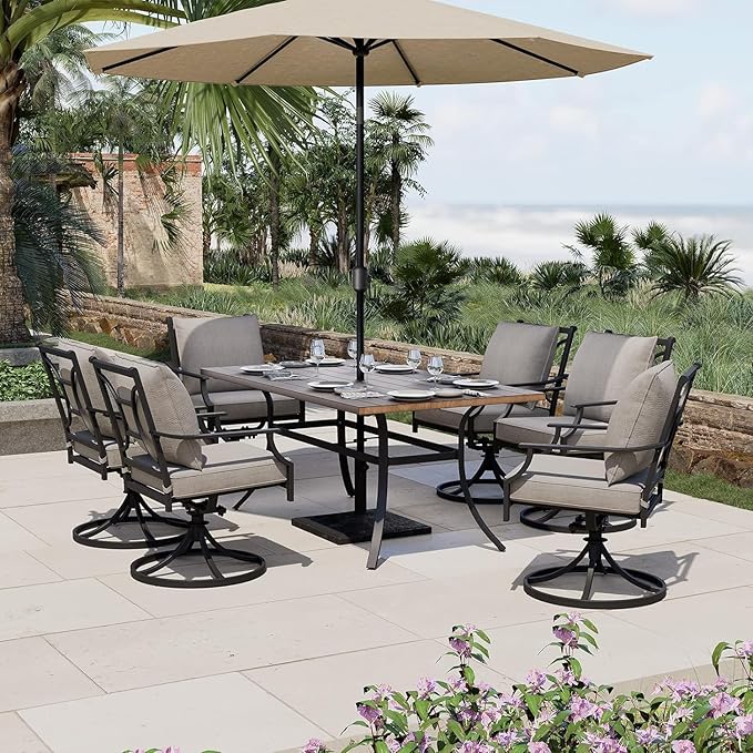 Grand patio 7-Piece Patio Dining Set for 6, E-Coated Outdoor Dining Set Swivel Patio Dining Chairs with Olefin Cushions & 1 Black Rectangular Faux Woodgrain Dining Table with 1.5”Market Umbrella Hole