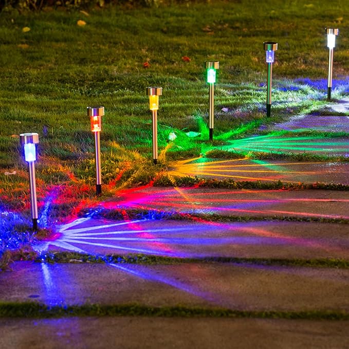 Wellgium Solar Lights Outdoor - Garden Landscape Pathway Lights for Lawn Patio - Stainless Steel, 12 Pack (6 Colors)