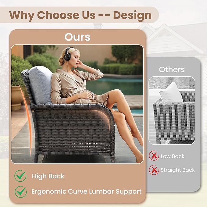 HOOOWOOO Patio Furniture Set,Outdoor High Back Loveseat Set,All Weather Wicker 2-Seater-Sofa Love Seat with Table,Light Gray