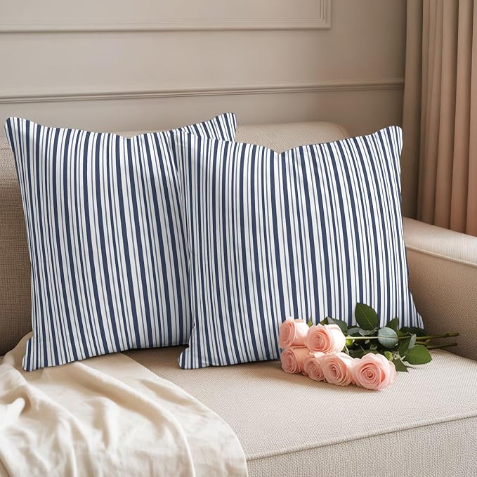 Navy Blue Vertical Stripes Waterproof Outdoor Pillow Covers Set of 2 Home Decor, Pinstripes Apricot Lines Pillowcase Patio Pillow Covers for Couch Bench Patio Furniture Garden 24x24in