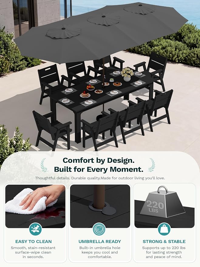 SERWALL 7-Piece HDPE Outdoor Patio Dining Set, All-Weather 76" Rectangular Table with Umbrella Hole & 6 Arm Chairs, Weather Resistant Heavy Duty Outdoor Furniture for Backyard, Deck, Garden, Black