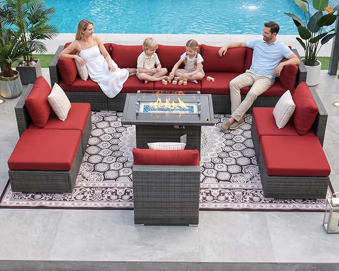 NICESOUL 11 Piece Patio Furniture Set with Fire Pit Table, 29.3'' High Back Comfy Rattan Outdoor Conversations, Big Size Deep Seated Contemporary Sectionals, 2 Color Cushion Red & Gray