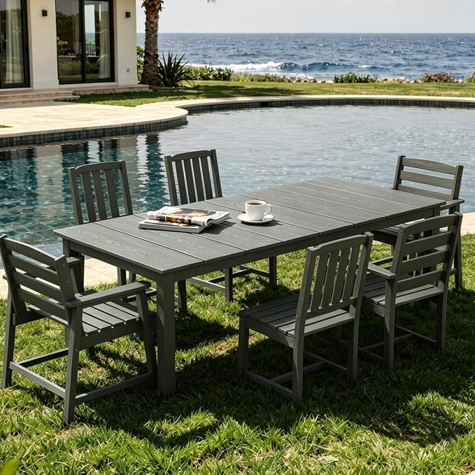 AreShark 7-Piece Outdoor Dining Set,HDPE Patio Table with 6 Armchairs,All-Weather Patio Furniture Set with Umbrella Hole,Low Maintenance Wood Grain Dining Set for Backyard,Garden,Poolside,Black