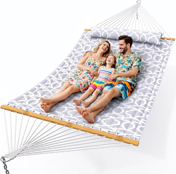 Everyfun Double Hammock with Spreader Bar,Soft Pillow,Max Load 500lbs,Portable Hammock for Outdoor,Camping,and Backyard,Mist Gray