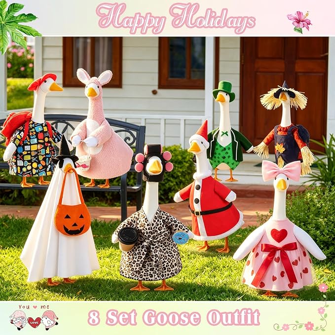 FuWeave 8 Set Holiday Porch Goose Outfits Summer Fall Halloween Christmas Winter Thanksgiving Valentine St. Patrick Easter Lawn Porch Goose Clothing for Patio Yard Decor(Style11,23 Inch)