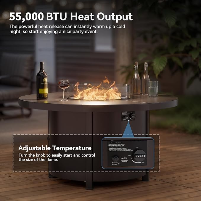 Kullavik 7 Piece Metal Outdoor Patio Furniture Set with Fire Pit Table,Outdoor Dining Table Set with 6 Swivel Chairs and 55000 BTU Outdoor Round Fire Pit,Grey