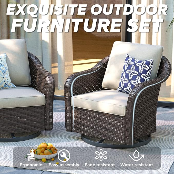 5 Pieces Outdoor Patio Conversation Furniture Set, 4 Pieces Rattan Glider 360 Degree Swivel Rocker Chairs with Removable Cushions, Coffee Table for Porch, Poolside (Beige)