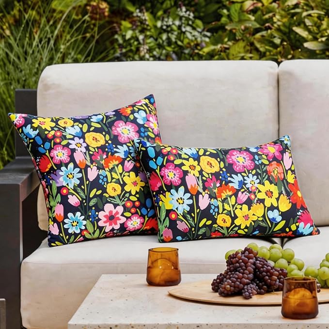 Adabana Outdoor Waterproof Floral Pillow Covers 12x20 Inch | Colorful Outdoor Pillow Covers Summer Decirative for Patio Furniture Porch Garden Pillows