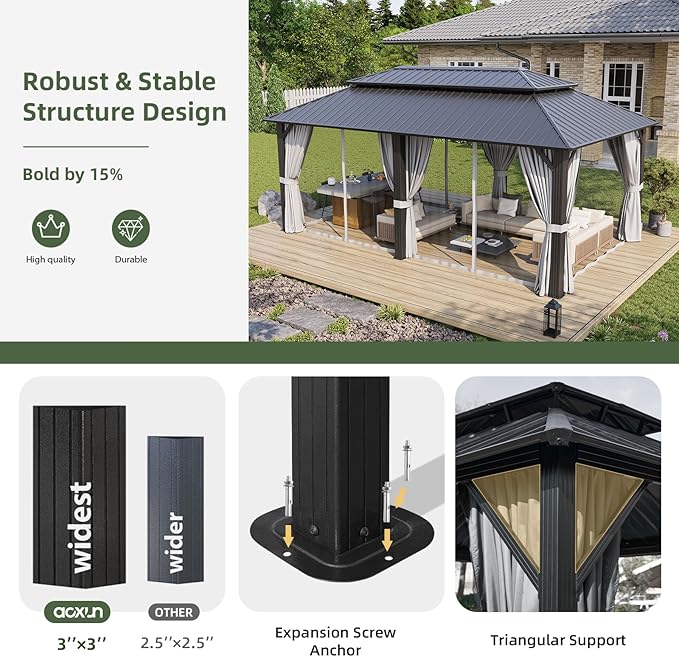 Aoxun 12’x20’ Hardtop Gazebo, Permanent Metal Pavilion with Galvanized Steel Double Roof, Outdoor Pergola with Nettings and Curtains for Lawn, Garden, Patio (Gray)