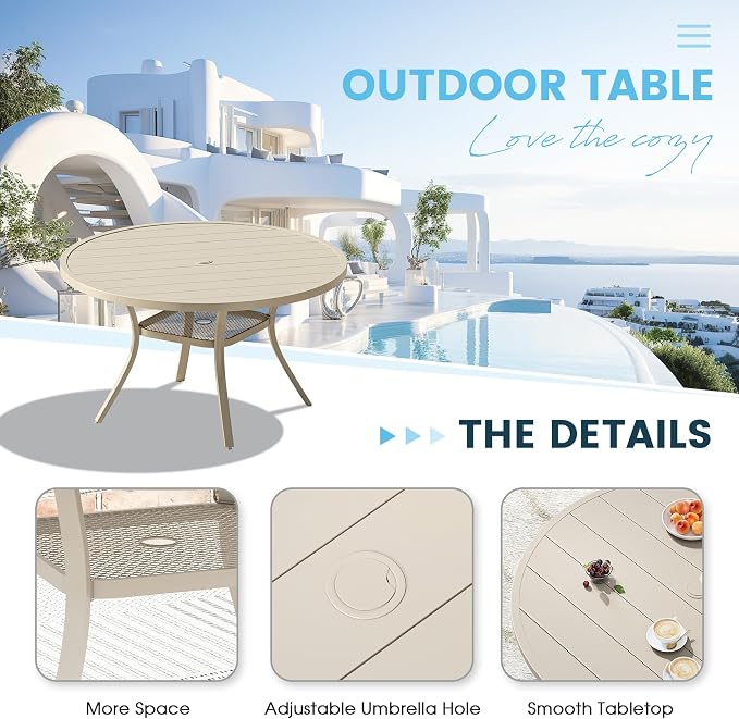 7 Pieces Patio Dining Set, 47" Round Dining Table with Umbrella Hole, 6 Stackable Textilene Fabric Chairs, Metal Structure for Patio, Porch, Garden(Sand Table, Sand Chair)