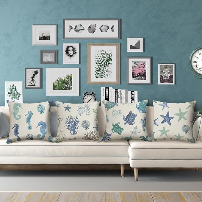 Waterproof Coastal Throw Pillow Covers 18x18 inch Set of 4 Starfish Seahorse Outdoor Pillow Cases Blue Sea Coral Decorative Cushion Covers for Patio Sofa Chair