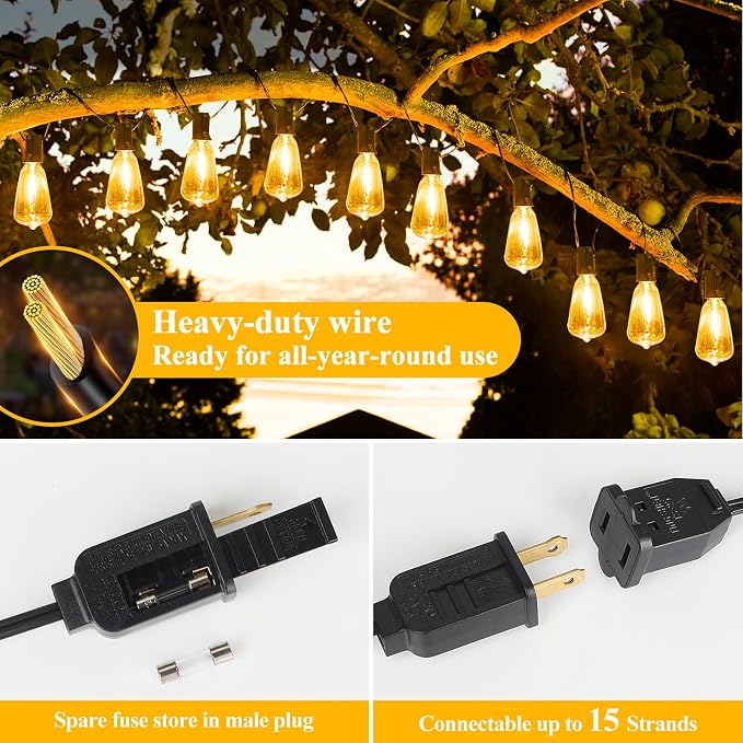 Brightever LED Outdoor String Lights 100FT Patio Lights with 52 Shatterproof 2200K ST38 Vintage Edison Bulbs, Amber Outside Hanging Light Waterproof for Porch, Deck, Garden, Dimmable Amber Lights