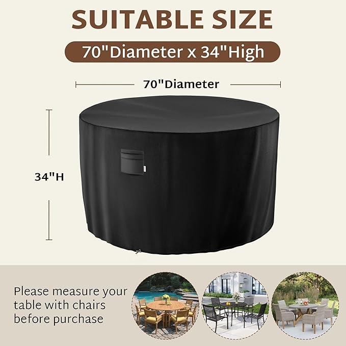 iBirdie Round Patio Furniture Cover 70 x 34 inch, Outdoor Waterproof and Weatherproof for Garden Table and Chairs, Heavy Duty 600D, fit 70, 68, 66 Diameter