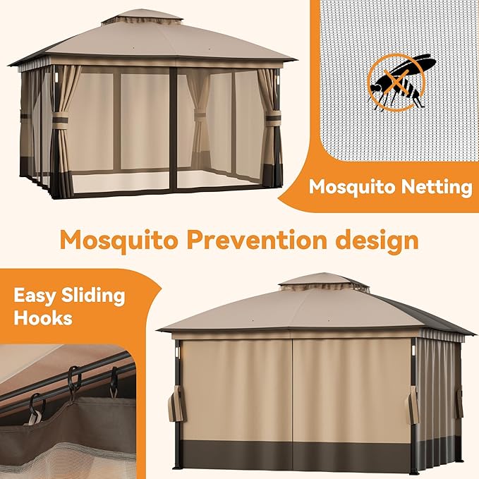 Covered Outdoor Patio Gazebo 11'x13' with LED Lights & Bluetooth Speaker, Heavy Duty Outdoor Canopy Shelter with Metal Frame, Double Roofs, Soft-top Gazebo with Netting and Curtains for Backyard