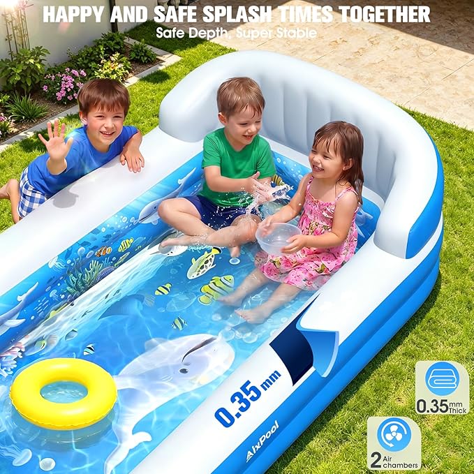 2026 Inflatable Pool with Sprinkler,Durable Blow up Pool with Big Backrest, Rectangle Kid Pool Backyard,Children Swimming Pool,Small Inflatable Kiddie Pool,Outdoor Water Pool for Kid69×39×23IN