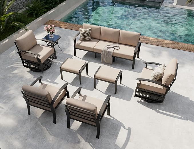 Aluminum Outdoor Patio Furniture Set,7 Seats Patio Conversation Sets with 2 Ottomans,Metal Patio Sectional Furniture Set with 2 Swivel Rocking Chairs,Sand