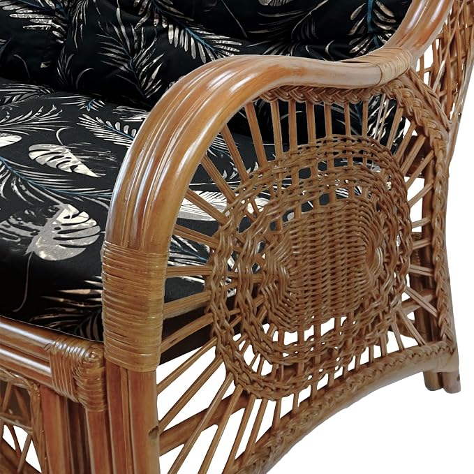 Malibu Lounge Set of 4: 2 Natural Rattan Wicker Chairs, Three-Seater Sofa and Coffee Table with Glass Handmade, Colonial Color with Black Leaf Cushions