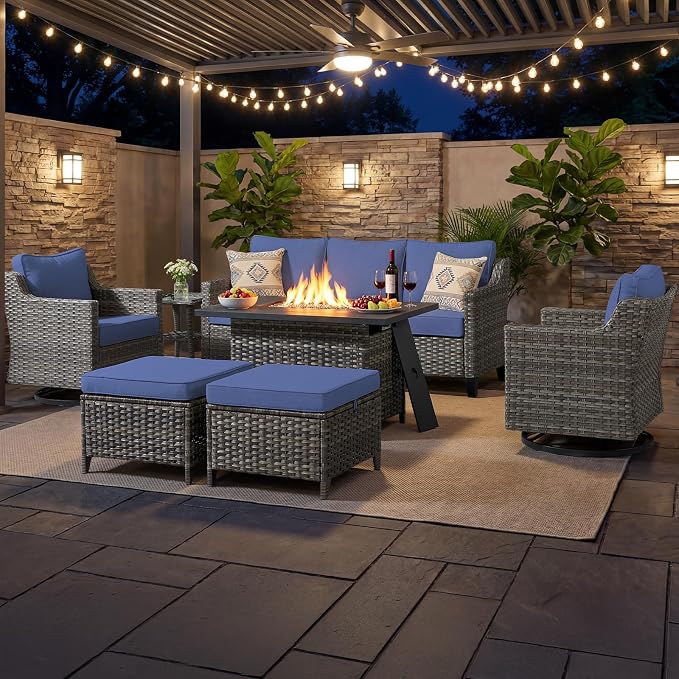 Luxury Patio Furniture Sofa Set - 7 Pieces All Weather Wicker Outdoor Couch and High Back Swivel Rocker Patio Chairs with fire Pit for Deck Yard and Poolside Gray Wicker | Blue Cushions