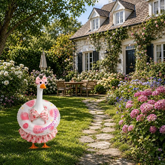 Summer Porch Goose Outfit with Sunglasses and Swim Ring for 23" Goose Statue Hawaiian Bikini Goose Outfits Porch Goose Clothes Costume for Garden Lawn Yard Decor(Strawberry)