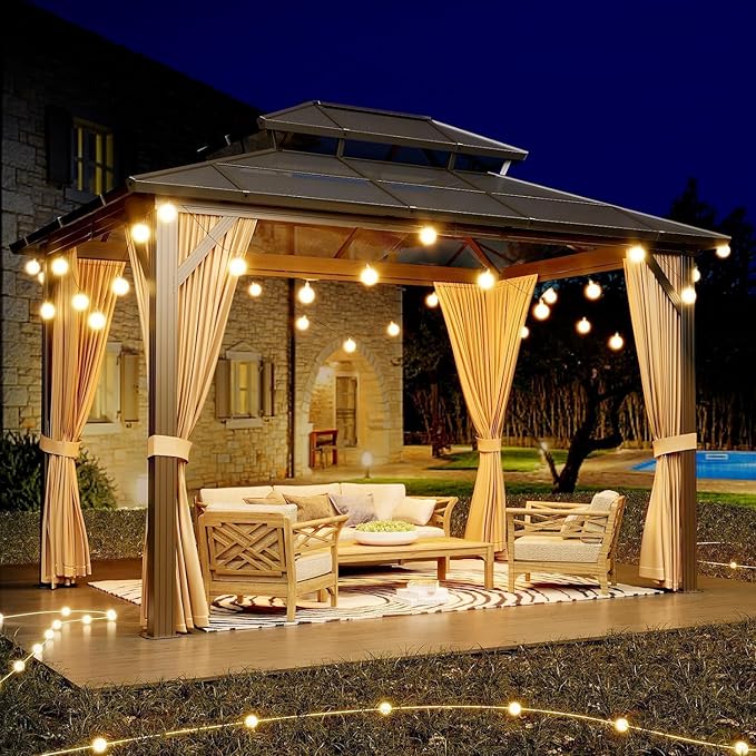 GAOMON 10x12ft Gazebo, Hardtop Outdoor Canopy Aluminum Frame Permanent Gazebo with Netting and Curtains, Polycarbonate Garden Tent for Patio, Lawn, Backyard, Deck (10'x12')