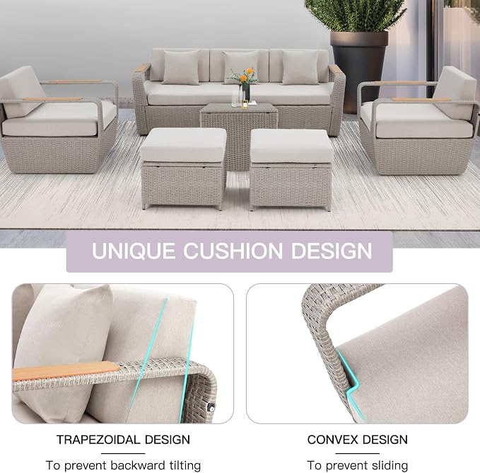 HOMREST Patio Furniture Set, Oversized 7-Seat Outdoor Sectional with Ottoman and Coffee Table, Wicker Rattan Patio Sofa Set with 5" Thick Removable Cushions for Garden, Porch, Backyard, Light Gray