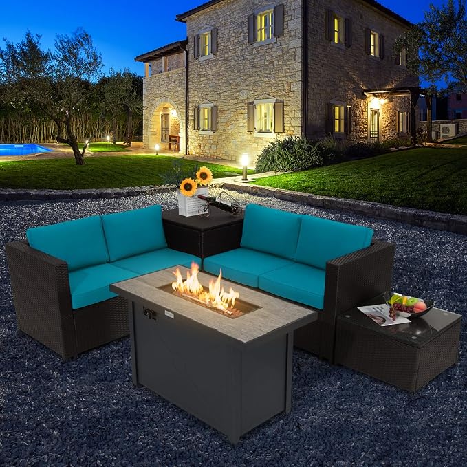 COSTWAY 5 Piece Patio Furniture Set with 42'' Fire Pit Table, Outdoor Wicker Rattan Loveseat Sofa with 4'' Thickened Cushions, 2 Side Tables, Sectional Conversation Set for Backyard (Turquoise)