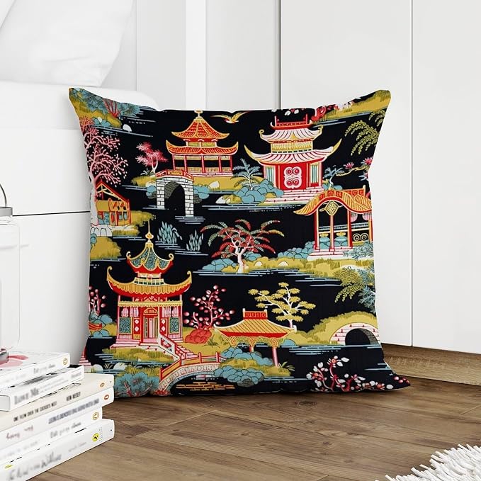 Chinoiserie Charcoal Coral Pagoda Asian Throw Pillow Covers Chinoiserie Chic Asian Pillowcase 24x24 INRetro Accent Outdoor Garden Decoration for Sofa Patio Couch