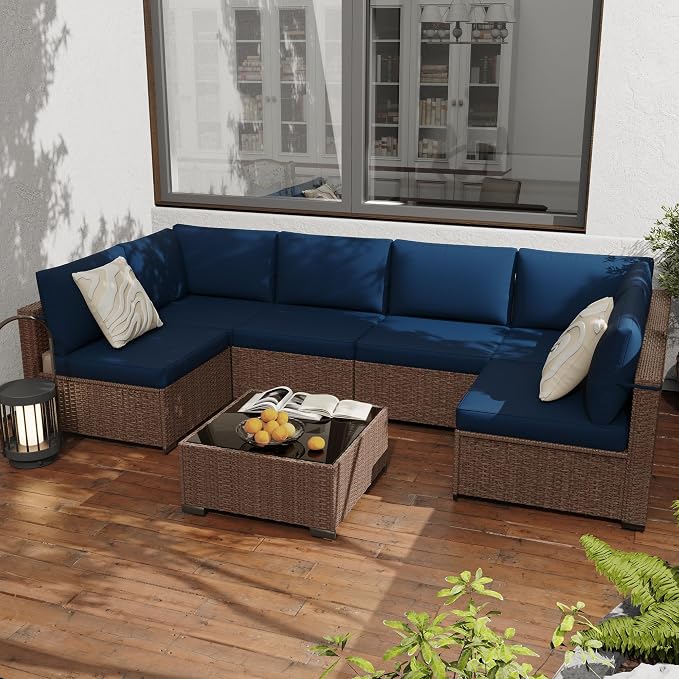 KIGOTY 7-Piece Patio Furniture Set, All-Weather PE Rattan Outdoor Sectional Sofa, Modular Wicker Conversation Set with Thick Cushions & Easy-Clean Coffee Table（Brown/Navy）