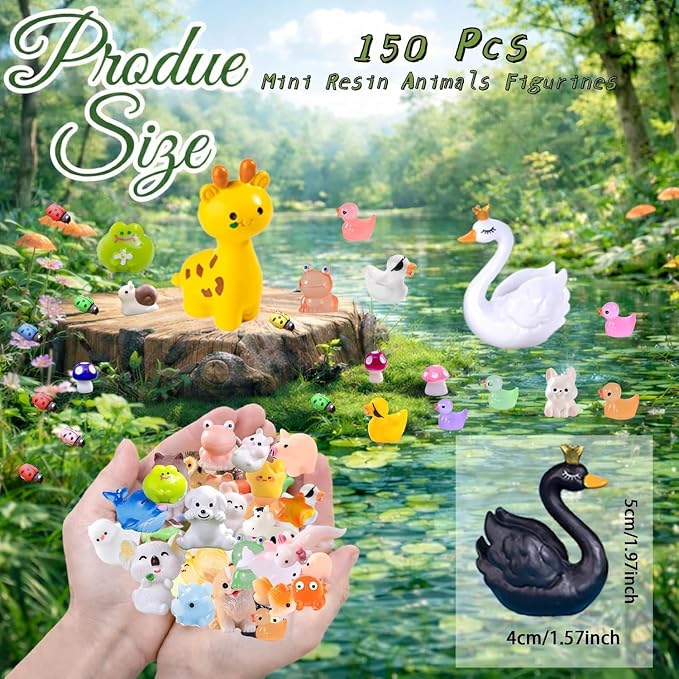 150 Pcs Mini Resin Animals Figurines, Mixed Tiny Resin Figures Bulk Fairy Garden Décor Micro Landscape Ornaments Dollhouse Craft Accessories DIY Slime Charms for Christmas Halloween Fillers Stuffers