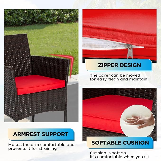 FDW | 3-Piece Patio Furniture Set | Brown & Red | Outdoor Wicker Furniture with Coffee Table | Modern Rattan Chairs Conversation Set | Outdoor Seating | Weather-Resistant | for Porch, Garden, Lawn