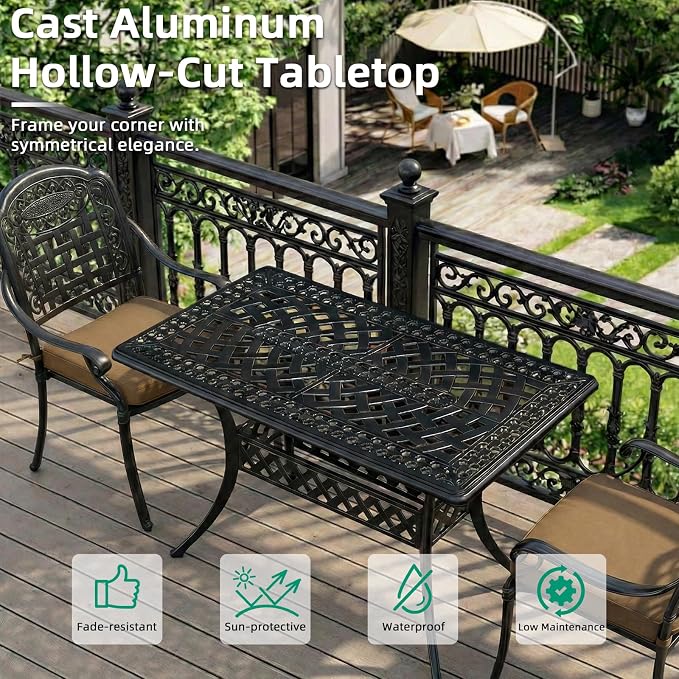 VIVIJASON 3 Piece Outdoor Dining Set, Cast Aluminum Patio Bistro Set with 42" x 24" Rectangular Table & 2 Cushioned Chairs, Rust Proof & Weather Resistant for Small Balcony, Porch, Garden, Deck