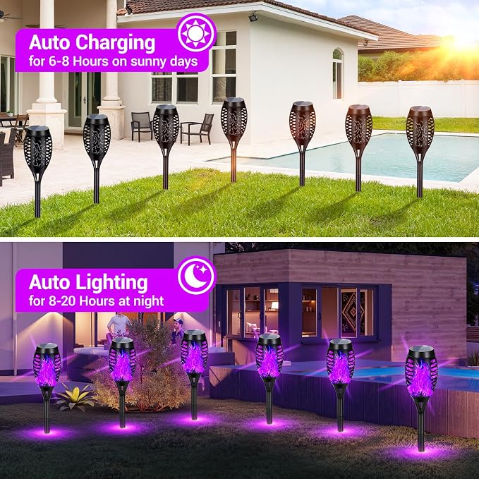 Purple Halloween Solar Lights Outdoor with Flickering Flame, 16 Pack | Halloween Decorations Solar Torch Lights, Waterproof Solar Halloween Lights Tiki Torches for Outside Patio Pathway Yard Decor