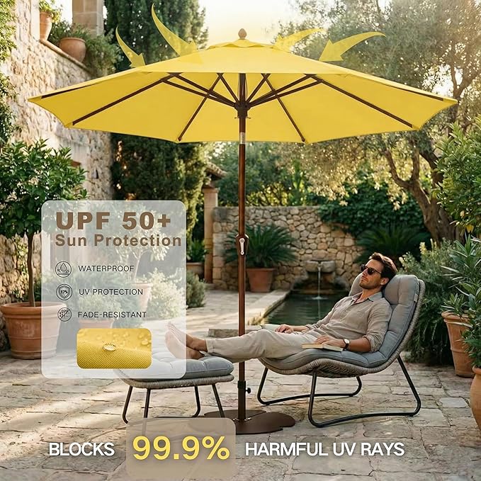 Kingdura 10FT Outdoor Patio Umbrella, Market Table Umbrella with Push Button Tilt and Crank, 8 Sturdy Fiberglass Ribs, UV Protection for Pool, Lawn, Deck, Backyard, Garden (Yellow)