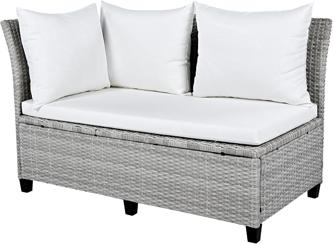 GDFStudio Brava Patio 5-Piece Conversation Set, Outdoor Rattan Sectional Sofa Set with Extendable Side Tables, Dining Table and Bench, L Shaped PE Wicker Furniture Set for Garden, Poolside, White