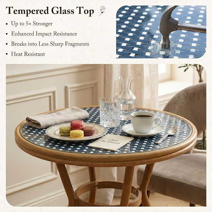 PURPLE LEAF 3-Piece French Bistro Dining Set Round Outdoor Patio Table and 2 Armless Chairs Tempered Glass Top PE Rattan Champagne Print Finish Aluminum Frame Navy Blue