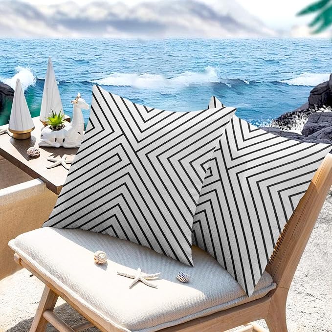 Outdoor Throw Pillow Covers, Black Stripes, Set of 2, 18 x 18 Inch | White Waterproof Modern Pillowcase Square Cushion Case Farmhouse Garden Decorative Pillows for Couch Beach Patio