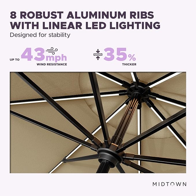 Midtown Umbrellas The LED Swilt 8 Feet Patio Umbrella With Terylast Chestnut (Beige) Polyester Fabric - Auto-Tilt Aluminum Frame With LED Lights For Backyard, Deck, Garden, Pool - Black Pole