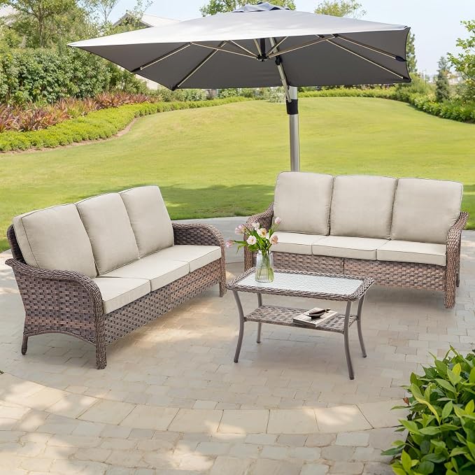 3 PCS Patio Furniture Set, 2 Outdoor Wicker Sofas with Coffee Table, 4-Inch Thick Olefin Cushions & Curved Armrests, 300 lbs Capacity Rattan Conversation Set for Porch, Garden, Beige
