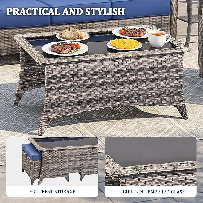 Luxury Swivel Rocker Chair Sofa Set with 6" Thick Cushions,7-Piece Wicker Patio Chair with Coffee Table and Ottoman,Outdoor Comfortable High Back Chair Patio Furniture Set - Gery | Blue