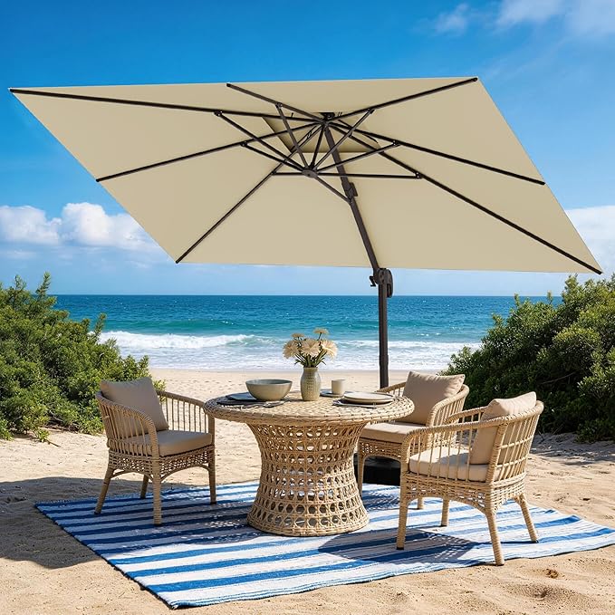 HASLE OUTFITTERS 9x12 FT Patio Cantilever Umbrella with Base, Outdoor Offset Large Rectangular Heavy Duty Double Top Umbrellas with 360° Rotation for Pool Garden Deck，Beige
