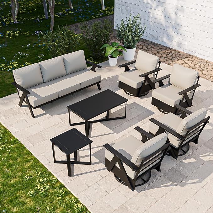 COOS BAY Iron Luxe 7 Piece Outdoor Patio Furniture Set, Modern Patio Conversation Set with 4 Swivel Rocking Chairs, a 3 Seat Couch, Coffee Table & Side Table for Deck, Garden, Porch, Black/Beige