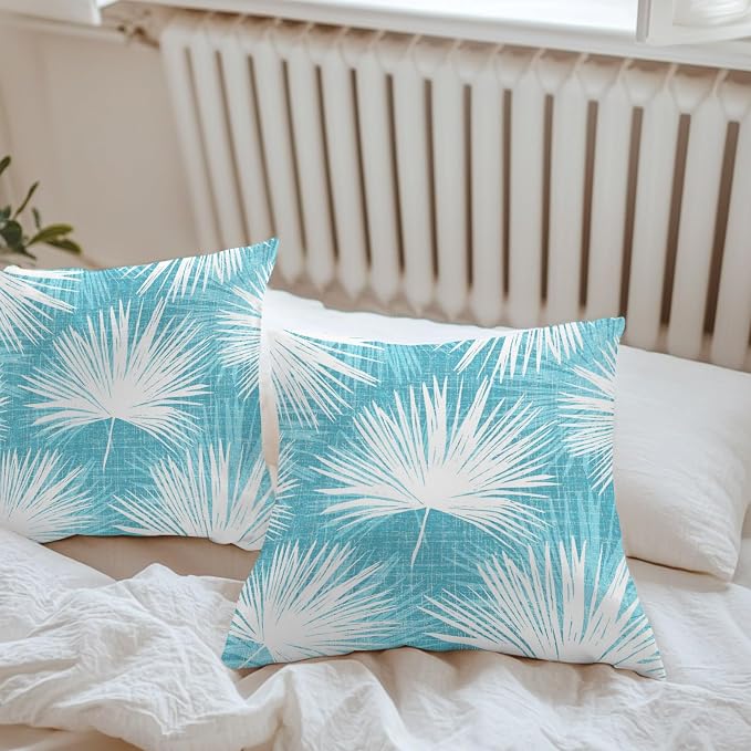 Throw Pillow Covers 16x16 Inch Set of 2, Aqua Blue Palm Leaves Coastal Waterproof Outdoor Pillow Covers, Summer Tropical Botanical Decorative Cushion Pillowcases for Couch, Sofa, Bed, Garden, Patio