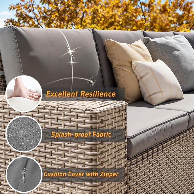 12 Pieces Patio Furniture Set, Outdoor Sectional Wicker Sofa with Thickened Cushions and Coffee Table, High Back Rattan Patio Conversation Sets for Garden Backyard, Grey