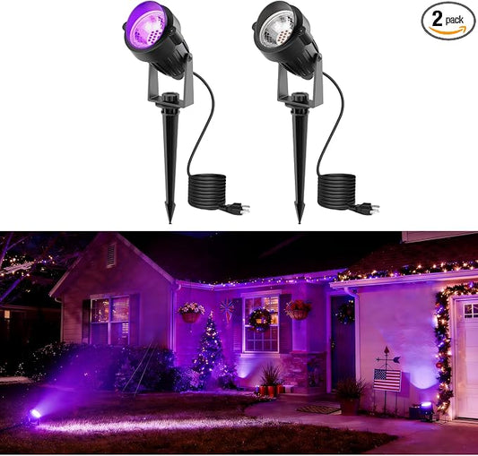 L LOHAS LED Purple Halloween Outdoor Spotlight 5W Dusk to Dawn 2 Pack | Purple Halloween Spotlights with Auto On/Off Function, Outdoor Tree Lighting for Holiday, Yard and Garden Decoration