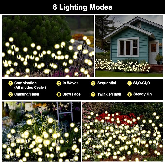 Solar Firefly Lights Outdoor, 8 Modes 800mAh Swaying Flashing Firefly Garden Lights Solar Powered Waterproof for Outside Yard Patio Pathway Lawn Christmas Garden Decor Warm White (2 Pack)