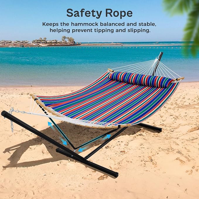 SUPERJARE Curved-Bar Hammock with Stand, 2 Person Heavy Duty Hammock Frame, Detachable Pillow & Portable Carrying Bag, Perfect for Outdoor & Indoor, Retro Blue and Green