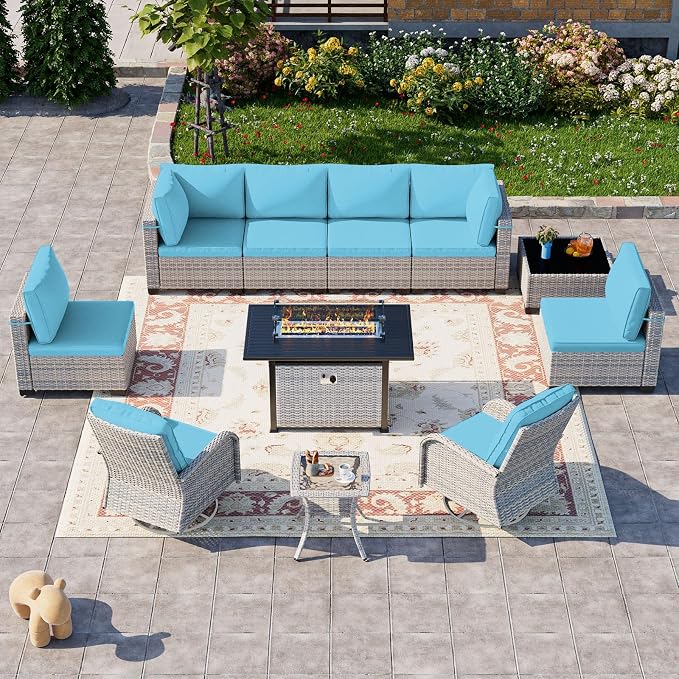 11-Piece Patio Furniture Set, Outdoor Patio Furniture with 55,000 BTU Fire Pit Table, Swivel Chairs Set, Thick Cushions, Modular Patio Sofa, Dual-Strand Wicker Rattan, Rust-Resistant Frame, Blue