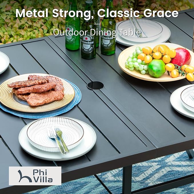 PHI VILLA 7pc Patio Dining Set w/Umbrella, Rectangular Table, Rattan Chairs | Outdoor Dining Set for 6, 60" Metal Table & 6 Cushioned Rattan Chairs with Navy Blue Umbrella for Outdoor, Deck, Yard, Porch