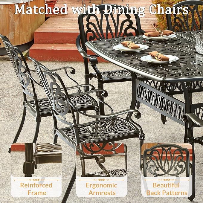 9 Piece Outdoor Patio Dining Set for 8, Cast Aluminium Large Square Dining Table & 8 Stackable Chairs, Umbrella Hole, Patio Furniture Set for Garden Porch Poolside, Dark Bronze